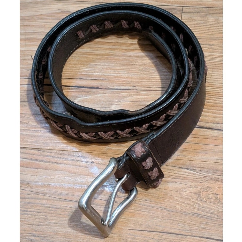 Vintage Duck Head Brown Leather Belt Braided Whipstitch Detail Silver Buckle